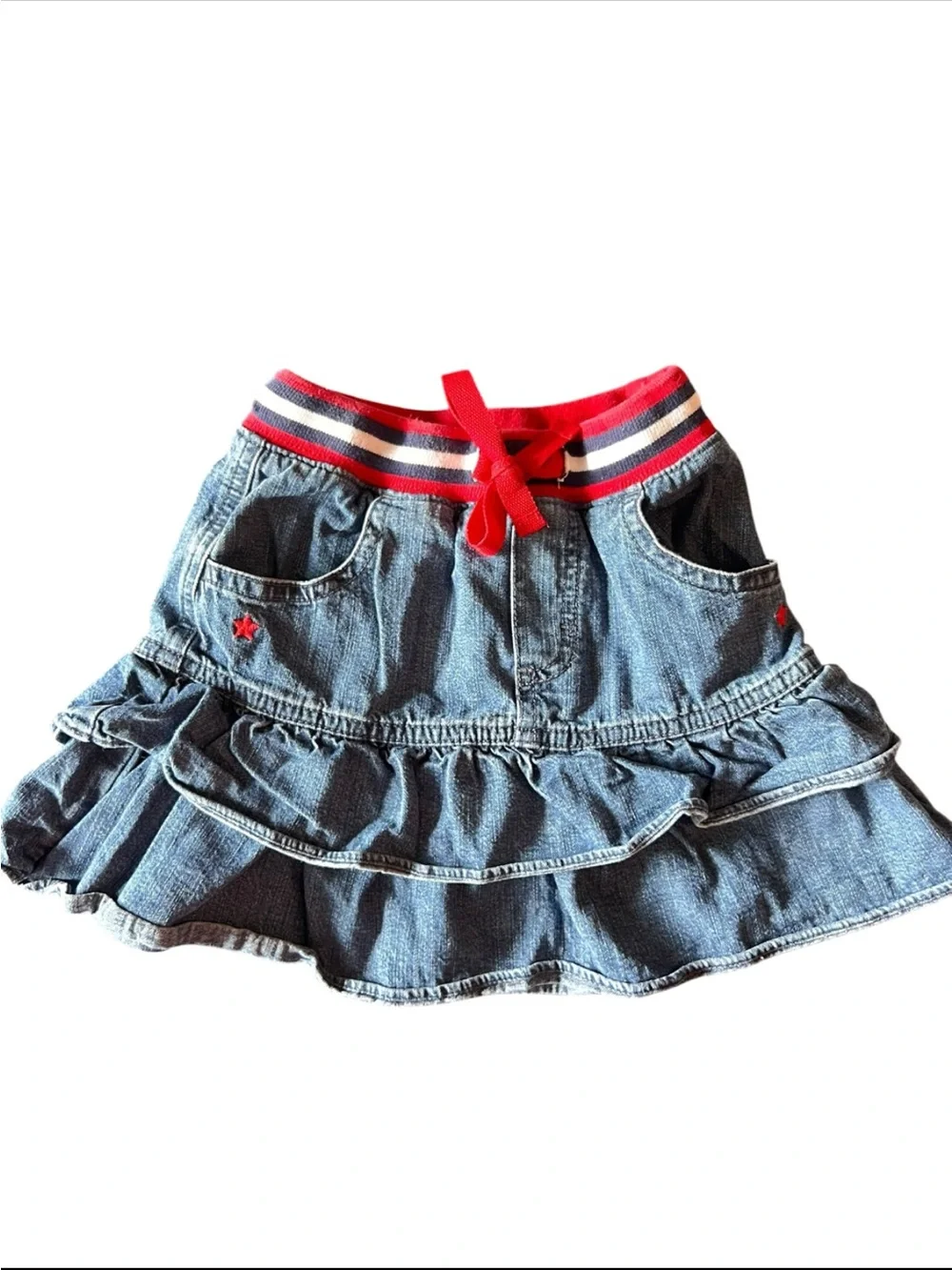 Vintage Y2K OshKosh 4T Denim Tiered Ruffle Skirt Red Star Stripe Waist Girls